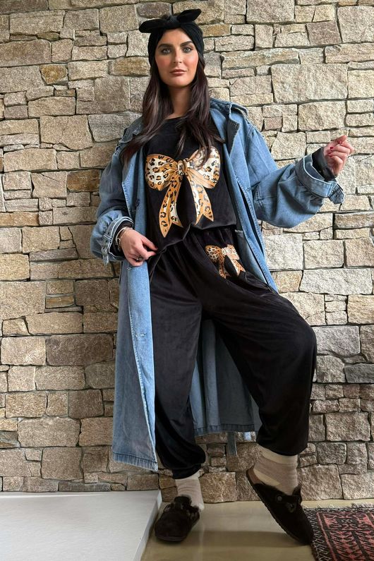 Binky Bow Soft Stretch Velour Lounge Suit Black